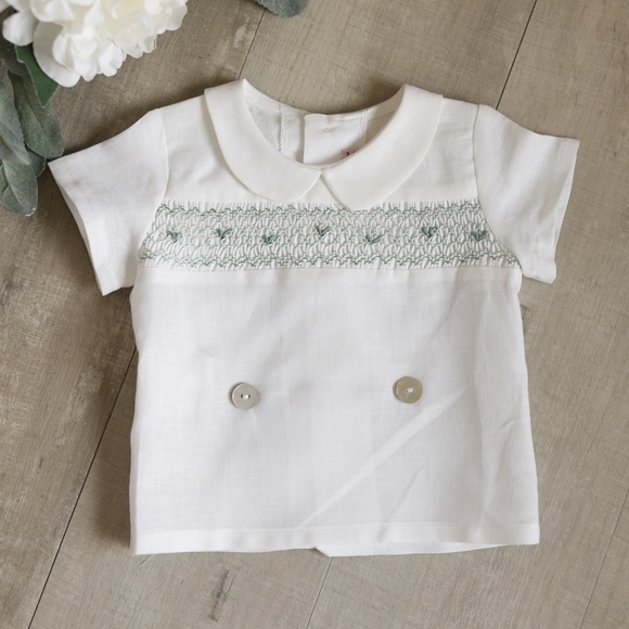 Boy's Smocked Linen Bobby Suit Green White Eurpoean Boutique Size 3 Month NWOT - Picture 5 of 5